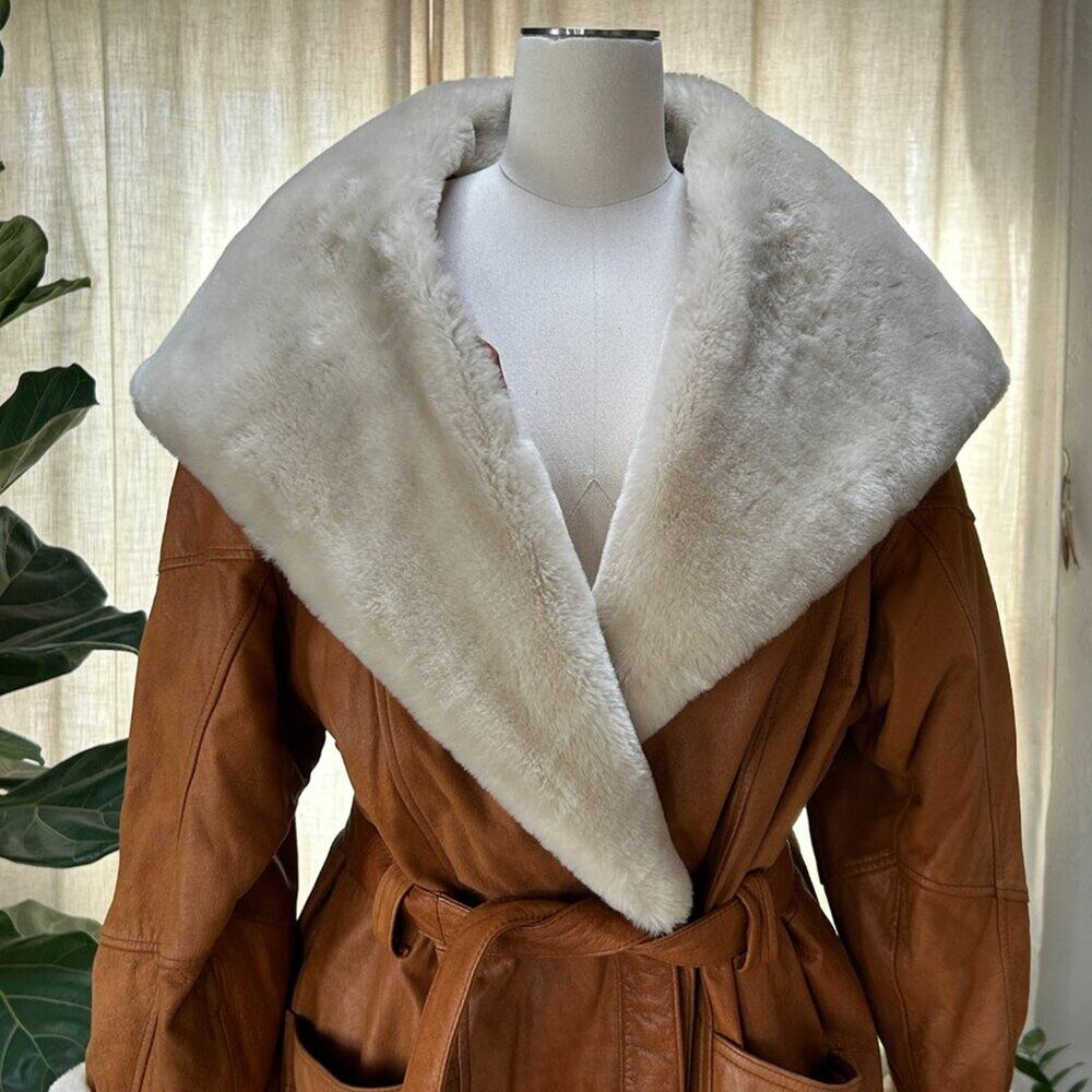 Penny Lane Shearling Trim Leather Coat Boho 70s Revival Oversized L Wilsons - Picture 3 of 16